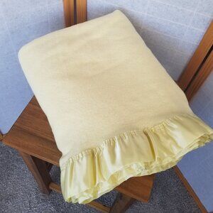 VTG John Atkinson Merino Wool Yellow Blanket 73x82 Made In England Satin Trim